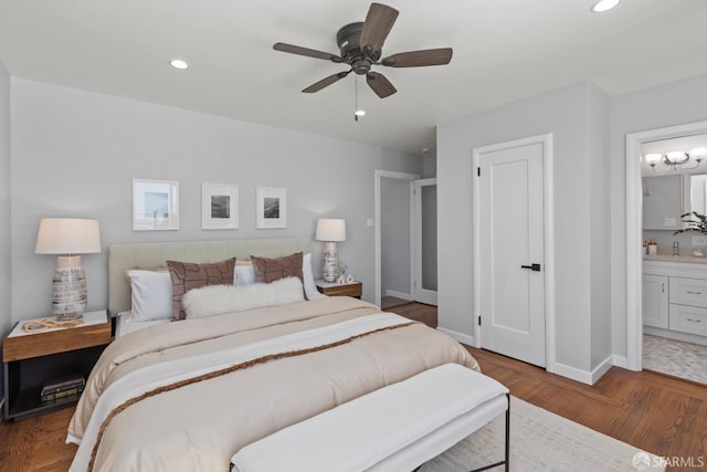 939 Innes Ave, San Francisco, CA 94124 - bedroom featuring recessed lighting, ensuite bathroom, wood finished floors, and a ceiling fan
