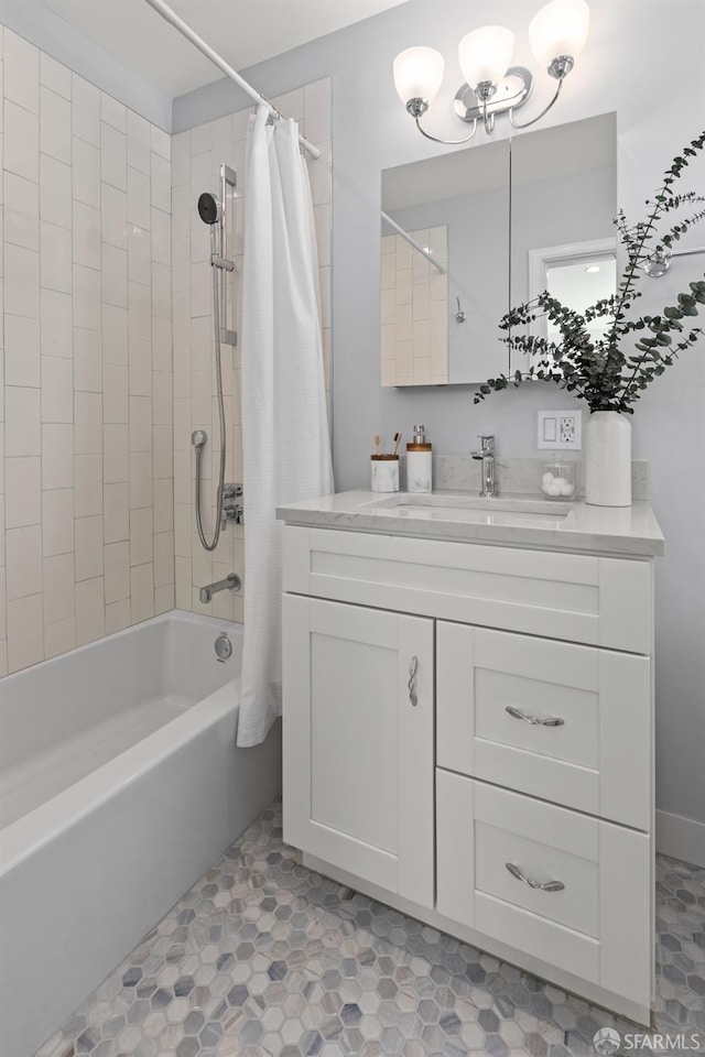 939 Innes Ave, San Francisco, CA 94124 - full bath with shower / bathtub combination with curtain, vanity, and a chandelier