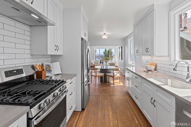 939 Innes Ave, San Francisco, CA 94124 - kitchen featuring stainless steel appliances, under cabinet range hood, wood finished floors, light countertops, and tasteful backsplash