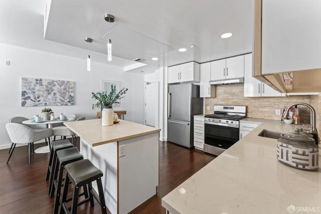 kitchen with under cabinet range hood, a sink, tasteful backsplash, white cabinetry, and stainless steel appliances