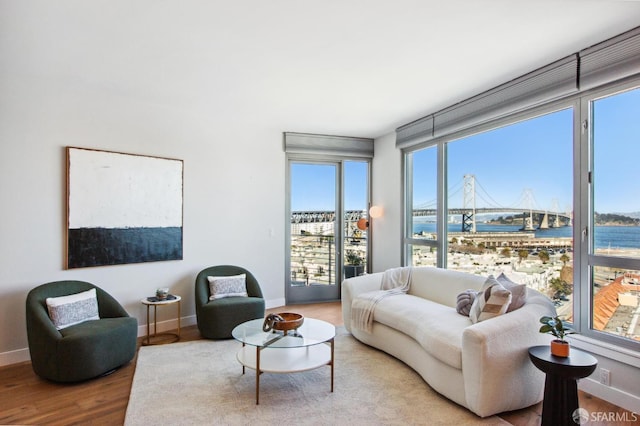 living area with a water view, baseboards, and wood finished floors