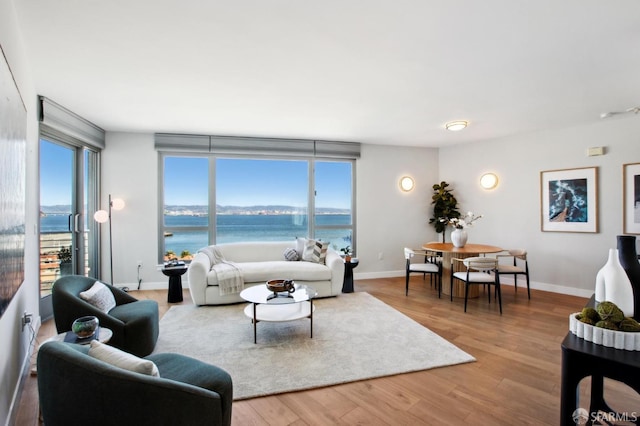 living area featuring a water view, wood finished floors, and baseboards