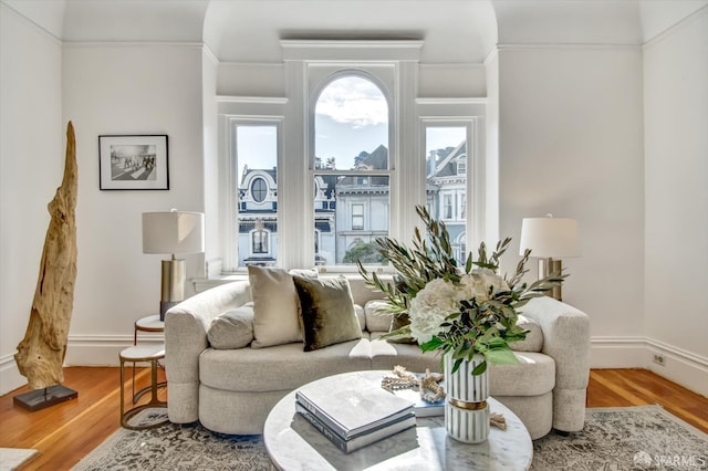 living room featuring hardwood / wood-style flooring and crown molding