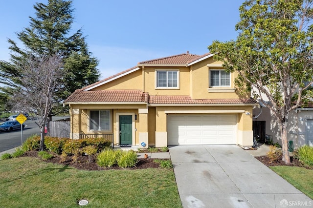 view of front facade featuring stucco siding, concrete driveway, an attached garage, and a tile roof