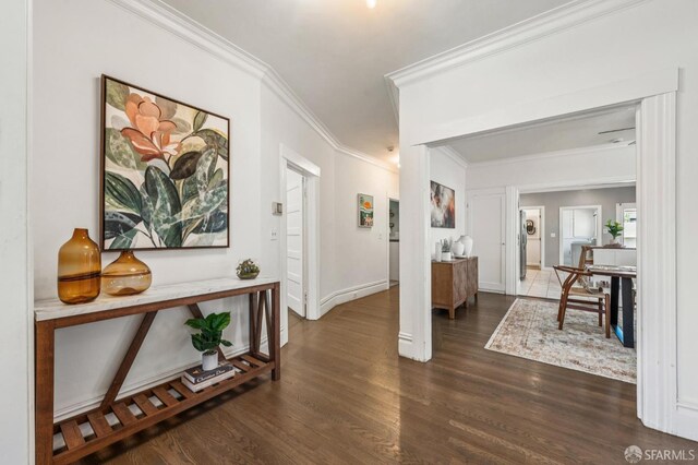 882 56th St, Oakland, CA 94608 - hall with crown molding and dark wood-style flooring
