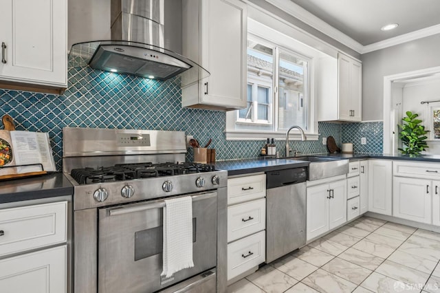 882 56th St, Oakland, CA 94608 - kitchen featuring stainless steel appliances, ventilation hood, dark countertops, light marble finish floors, and ornamental molding