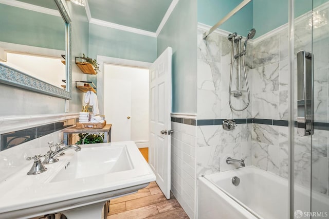 882 56th St, Oakland, CA 94608 - full bathroom with shower / tub combination, crown molding, and wood finished floors