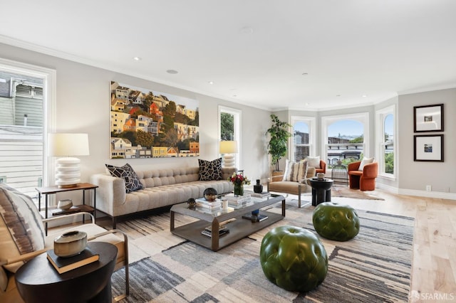 living room with crown molding and light hardwood / wood-style floors