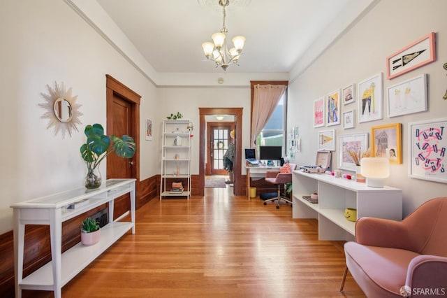 522 Liberty St, San Francisco, CA 94114 - office featuring wood finished floors, a notable chandelier, and wainscoting