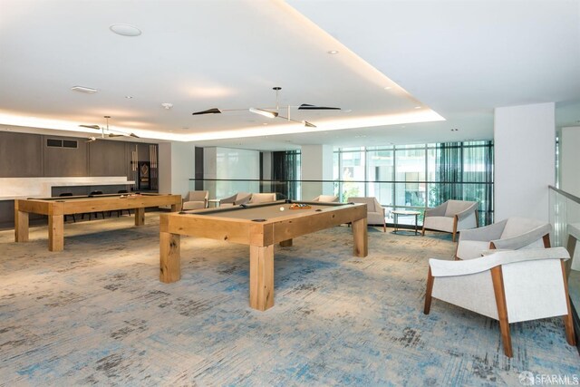 333 Beale St Unit 5I, San Francisco, CA 94105 - rec room featuring billiards table, a wall of windows, a tray ceiling, and carpet flooring