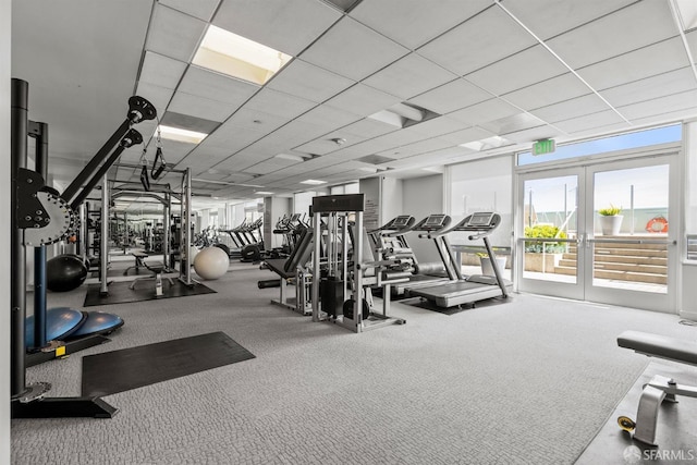 exercise room with a drop ceiling and carpet flooring