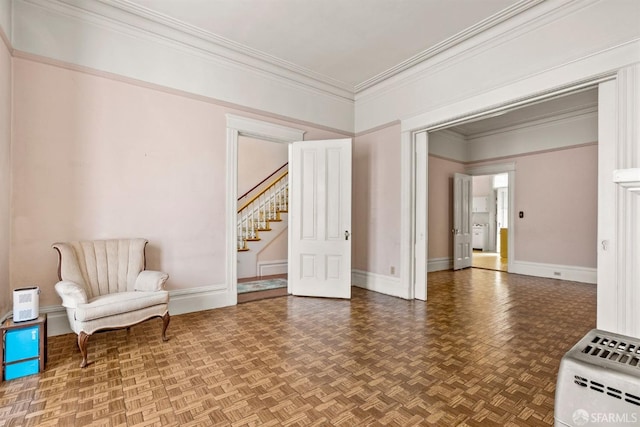1075 Noe St, San Francisco, CA 94114 - sitting room featuring stairway, baseboards, and crown molding
