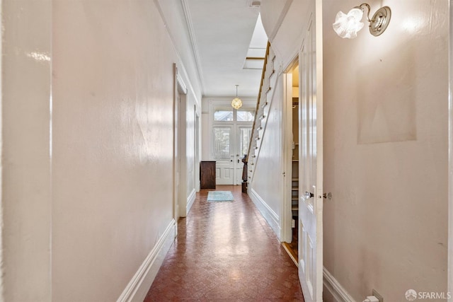 1075 Noe St, San Francisco, CA 94114 - corridor featuring baseboards, ornamental molding, french doors, and tile patterned floors