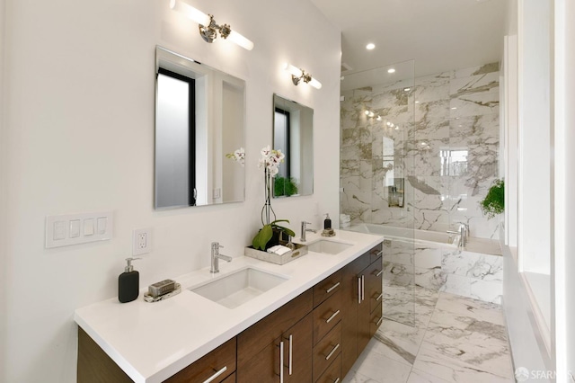 331 Vicente St, San Francisco, CA 94127 - full bathroom with double vanity, marble finish flooring, a tub with marble appearance, a marble finish shower, and recessed lighting