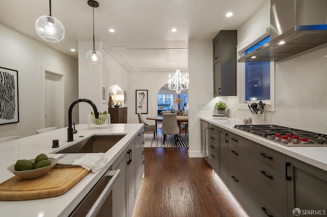 331 Vicente St, San Francisco, CA 94127 - kitchen featuring wall chimney exhaust hood, stainless steel appliances, gray cabinets, dark wood-type flooring, and recessed lighting
