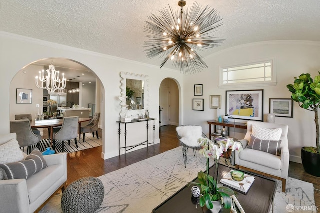 331 Vicente St, San Francisco, CA 94127 - living room with arched walkways, a chandelier, wood finished floors, a textured ceiling, and lofted ceiling
