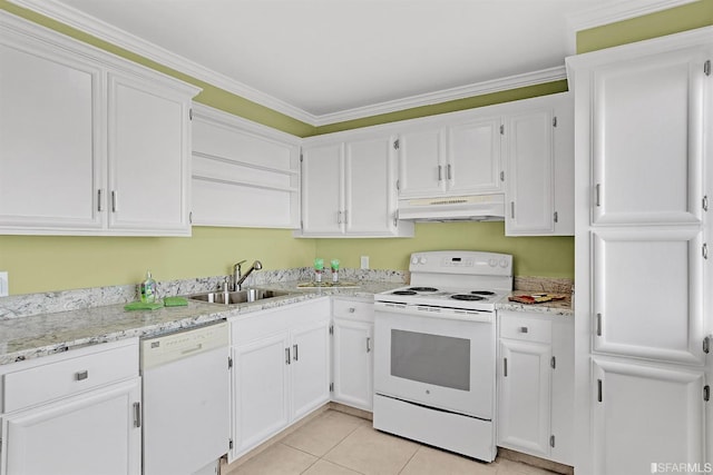 kitchen featuring crown molding, sink, white appliances, and white cabinetry