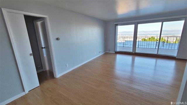 unfurnished room with hardwood / wood-style floors and a mountain view