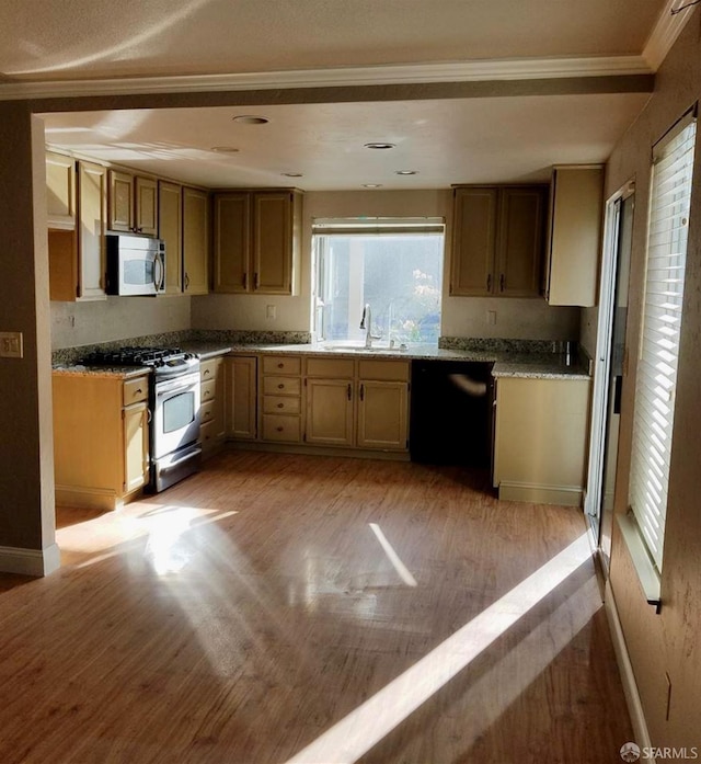 4400 Elk Dr, Antioch, CA 94531 - kitchen with appliances with stainless steel finishes, ornamental molding, a sink, light wood-type flooring, and baseboards