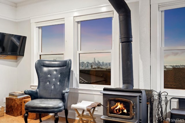 sitting room with a wood stove and crown molding