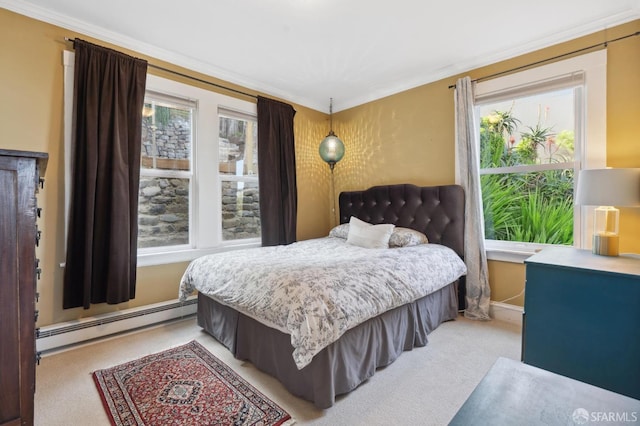 bedroom featuring light carpet, ornamental molding, and a baseboard radiator