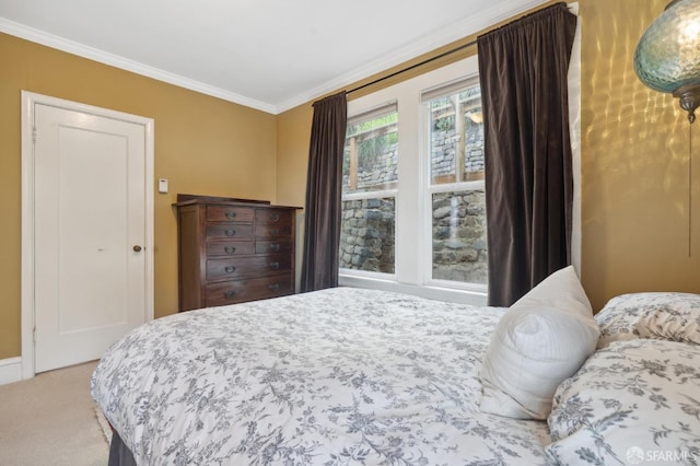 bedroom featuring carpet flooring and ornamental molding