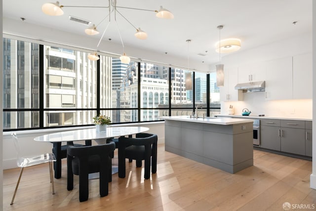 kitchen featuring light hardwood / wood-style flooring, decorative light fixtures, white cabinetry, gray cabinets, and a center island with sink