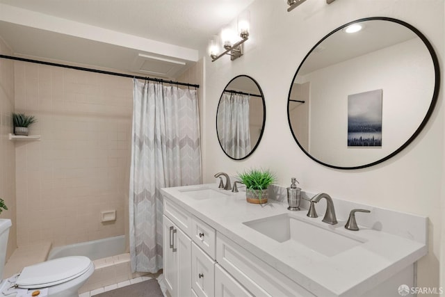 655 Corbett Ave Unit 505, San Francisco, CA 94114 - full bathroom with double vanity, toilet, tile patterned floors, and shower / bathtub combination with curtain