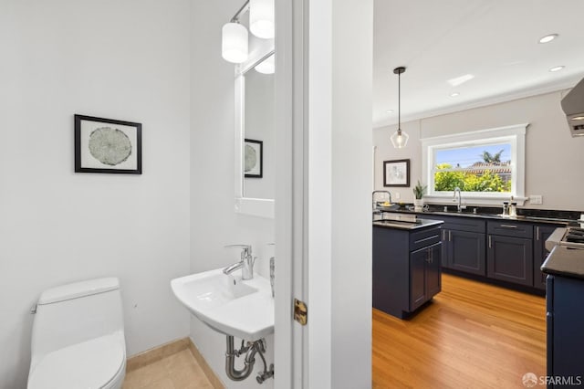 bathroom featuring wood finished floors, a sink, toilet, and recessed lighting