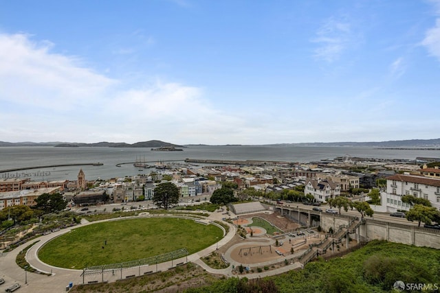 birds eye view of property featuring a water view