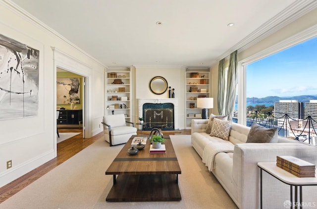 living area with a mountain view, built in shelves, baseboards, a high end fireplace, and wood finished floors