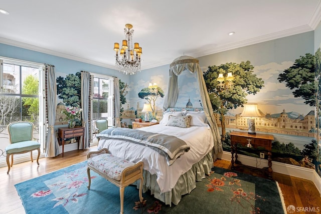 bedroom with wood finished floors, an inviting chandelier, ornamental molding, and recessed lighting