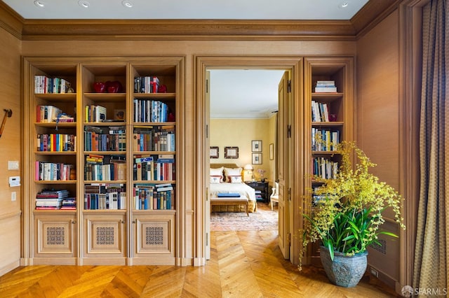 hall featuring light parquet flooring