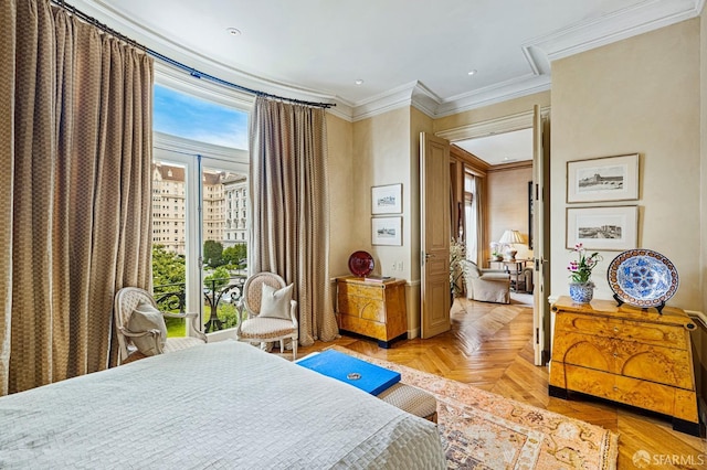 bedroom with crown molding and parquet floors