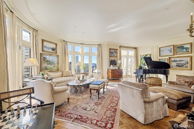 interior space with light parquet flooring and ornamental molding