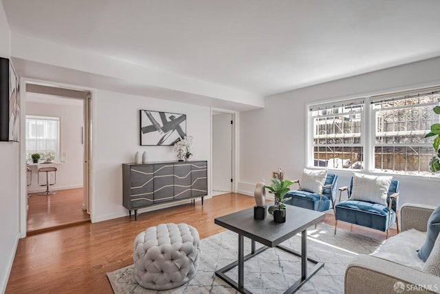 living area featuring wood finished floors and baseboards