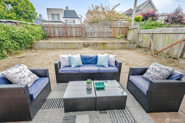 view of patio with a fenced backyard and an outdoor hangout area
