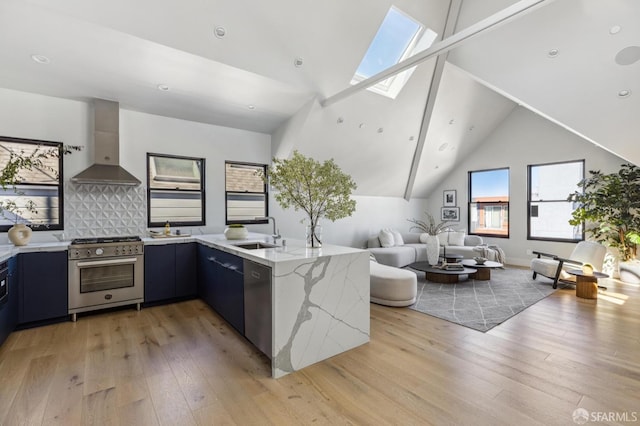 kitchen featuring appliances with stainless steel finishes, wall chimney exhaust hood, a skylight, sink, and backsplash