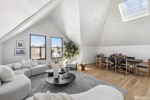 living room with a skylight and hardwood / wood-style floors