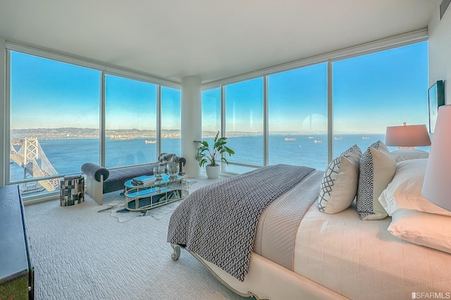 carpeted bedroom with expansive windows and a water view