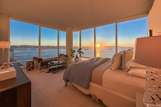 bedroom with a wall of windows, a water view, and carpet