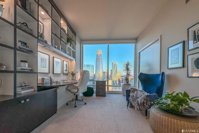 carpeted office with floor to ceiling windows