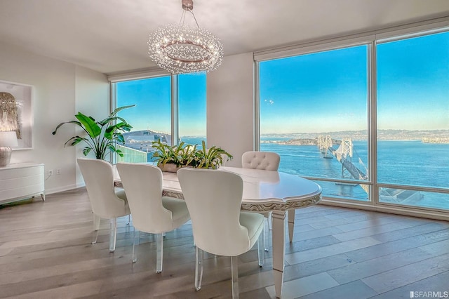 dining space featuring an inviting chandelier, a water view, and light wood-type flooring