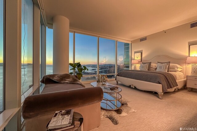 carpeted bedroom with a water view and floor to ceiling windows