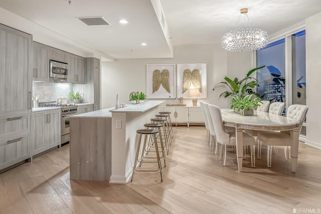 kitchen featuring an island with sink, appliances with stainless steel finishes, gray cabinetry, light hardwood / wood-style floors, and decorative light fixtures