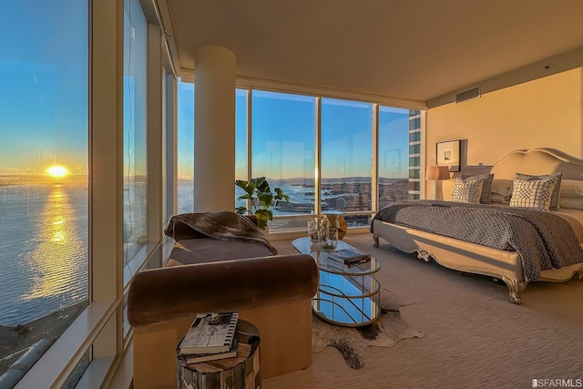 carpeted bedroom featuring multiple windows and floor to ceiling windows