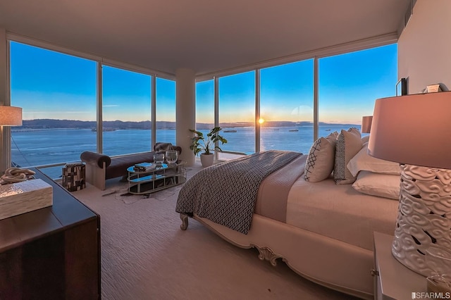 bedroom featuring a water view, expansive windows, and carpet floors