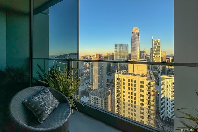 view of balcony at dusk