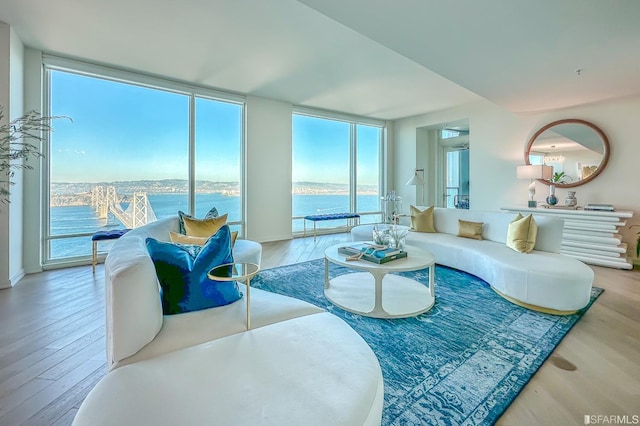 living room with a water view, wood-type flooring, and plenty of natural light