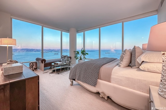 carpeted bedroom featuring a water view and floor to ceiling windows